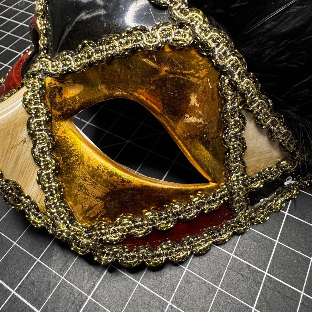 VTG Handcrafted Venetian Masquerade‎ Mask Black Red Gold Feather Costume